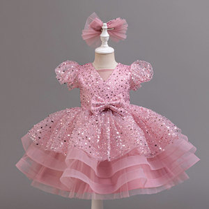 Robe de princesse courte à sequins manches bouffantes nœud en tulle pailleté pour 2 à 8 ans fête de mariage 3 couleurs - Product Image 1