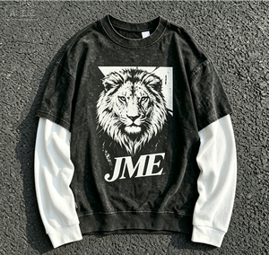 เสื้อยืดแขนยาวโอเวอร์ไซส์ผู้ชาย ลายสิงโต แขนสีขาวตัดกัน สไตล์สตรีท คอกลม ผ้าคอตตอนเจอร์ซีย์ ทรงพอดีตัว - Product Image 1