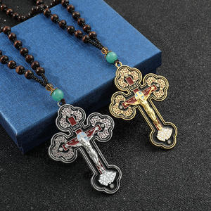 Crocifisso ortodosso <span class=keywords><strong>collana</strong></span> pendente con perline in legno oro e <span class=keywords><strong>argento</strong></span> tono croce con gesus Christian gioielli religiosi uomini donne - Product Image 4
