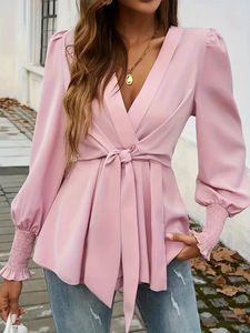 เสื้อแฟชั่นสีพื้นผูกเอวคอวีหรูหราของผู้หญิง - Product Image 2