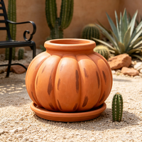 Pot de fleurs décoratif en résine en forme de citrouille, fait main et peint à la main, finition terre cuite, avec soucoupe assortie, pour jardin et terrasse extérieurs