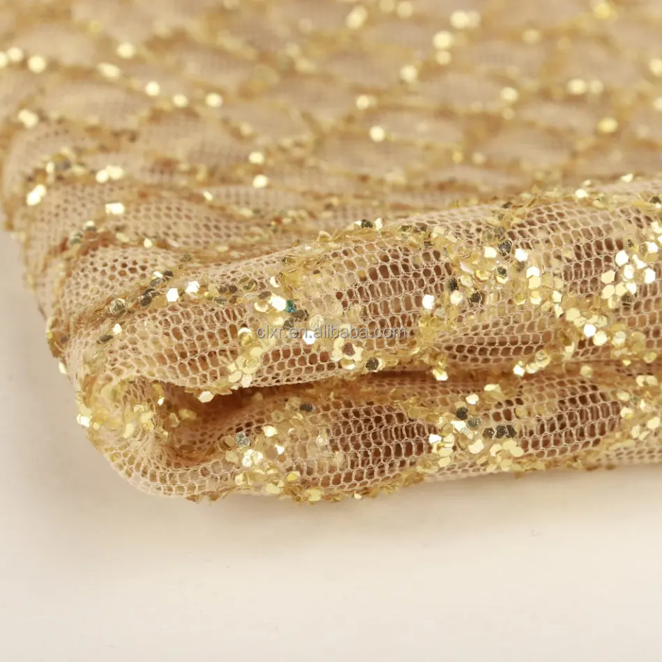 Neues Design Glitter Tüll Stoff Bling Bling Schöne Gold Pailletten Gitter Atmungsaktive Accessoires Hochzeits kleid Stoff