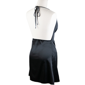 Camisón de satén negro con encaje para mujer, elegante acabado satinado, diseño sin espalda con panel de encaje transparente, vestido de verano transpirable para dormir - Product Image 4