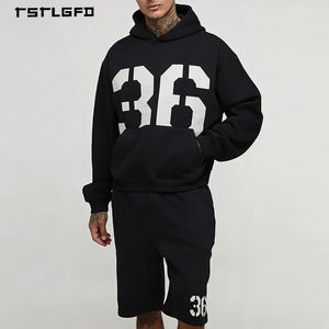 ชุดกีฬาผู้ชายสำหรับฤดูใบไม้ร่วง พิมพ์ลาย DTG เสื้อฮู้ดดี้ กางเกงขาสั้น ผ้าฝ้ายออร์แกนิค 100% ซักย้อมแบบแอซิดวอช ยืดได้สี่ทิศทาง ชุดเข้าชุด 2 ชิ้น - Product Image 2