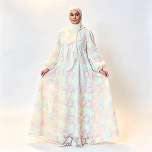 3D Floral Applique <strong>Maxi</strong> <strong>Dress</strong> Women Pastel Modest Wear Muslim Islamic Clothing Floor Length Occasion - Product Image 4