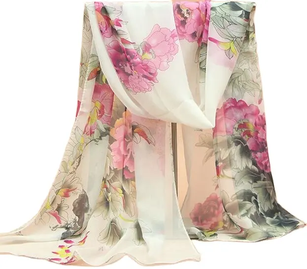 ผ้าพันคอแฟชั่นผ้าชีฟองสำหรับผู้หญิง,ผ้าพันคอคลุมไหล่ลายดอกโบตั๋นสวยงามสำหรับฤดูใบไม้ผลิฤดูร้อน