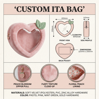 Sac Ita personnalisé Kawaii rose pastel pêche, texture velours doux, fenêtre PVC en forme de cœur, tirette de fermeture éclair fleur de pêcher, doublure florale
