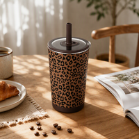 Mug à café en acier inoxydable de 14 oz avec motif léopard, double paroi, isolation sous vide, avec manchon en silicone