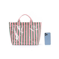 Tas Tote PVC Wanita Motif Garis Grosir, Lapisan Poliester Tahan Air, Tas Selempang Terbuka, Kapasitas Besar, Detail Bordir, Untuk Penggunaan Sehari-hari
