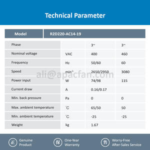 Ventilateur centrifuge de refroidissement à roulement à billes Siemens pour onduleur, modèle R2D220-AC14-19, 225 mm, 400 VAC, 74 W, 0,16 A, 2650 tr/min, autoportant, OEM - Product Image 3