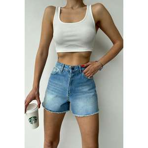 Shorts de Mezclilla Azules Simples para Mujer, Cintura Alta, Pierna Recta, 100% Algodón, Transpirables, Casuales de Verano - Product Image 2