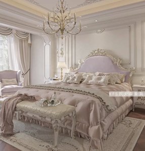 Letto in Legno Massello Stile Francese Lusso Leggero e Reale, Opulento per Camera <span class=keywords><strong>da</strong></span> Letto Matrimoniale, Viola Sognante, 1800mm, con Testiera Morbida Intagliata - Product Image 3