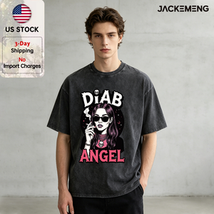 Camiseta Oversize de Algodón Lavado con Estampado de Frase 'Diab Angel' Estilo Streetwear Retro Casual Venta al por Mayor desde Almacén de EE. UU. - Product Image 1