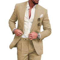 Ensemble de costumes deux pièces en lin pour homme, coupe ajustée, col à revers, style décontracté ou habillé, idéal pour mariage, vente en gros usine