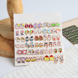 Ensemble de 30 paires de boucles d'oreilles colorées en forme d'animaux de dessin animé, en alliage de Zinc, cadeau pour femmes et filles, bijoux à la mode E1641-1 - Product Image 1