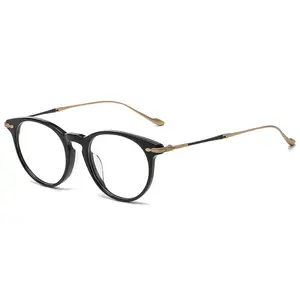 shenzhen factory acetate with pure titanium glasses frame retro circularultra light comfortable nose pad less glasses frame