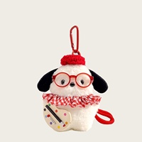 Porte-clés en peluche chiot blanc Kawaii, breloque de sac mignonne avec lunettes rouges, chapeau et volant pour décoration de sac à dos, cadeau