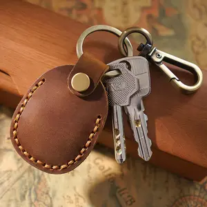 Retro Vintage Crazy Horse Leather Keychain Case Protective Anti-lost Locator Tracker Key Ring Holder Keychain Accessories
