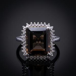 Smoky Quartz <b>Emerald</b> Cut Cocktail <b>Ring</b> 925 <b>Silver</b> Pave Setting Women's Classic Statement <b>Ring</b> - Product Image 4