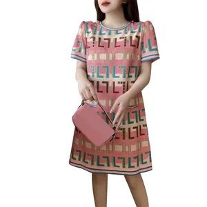 女春夏新款针织毛衣字母图案休闲短袖连衣裙