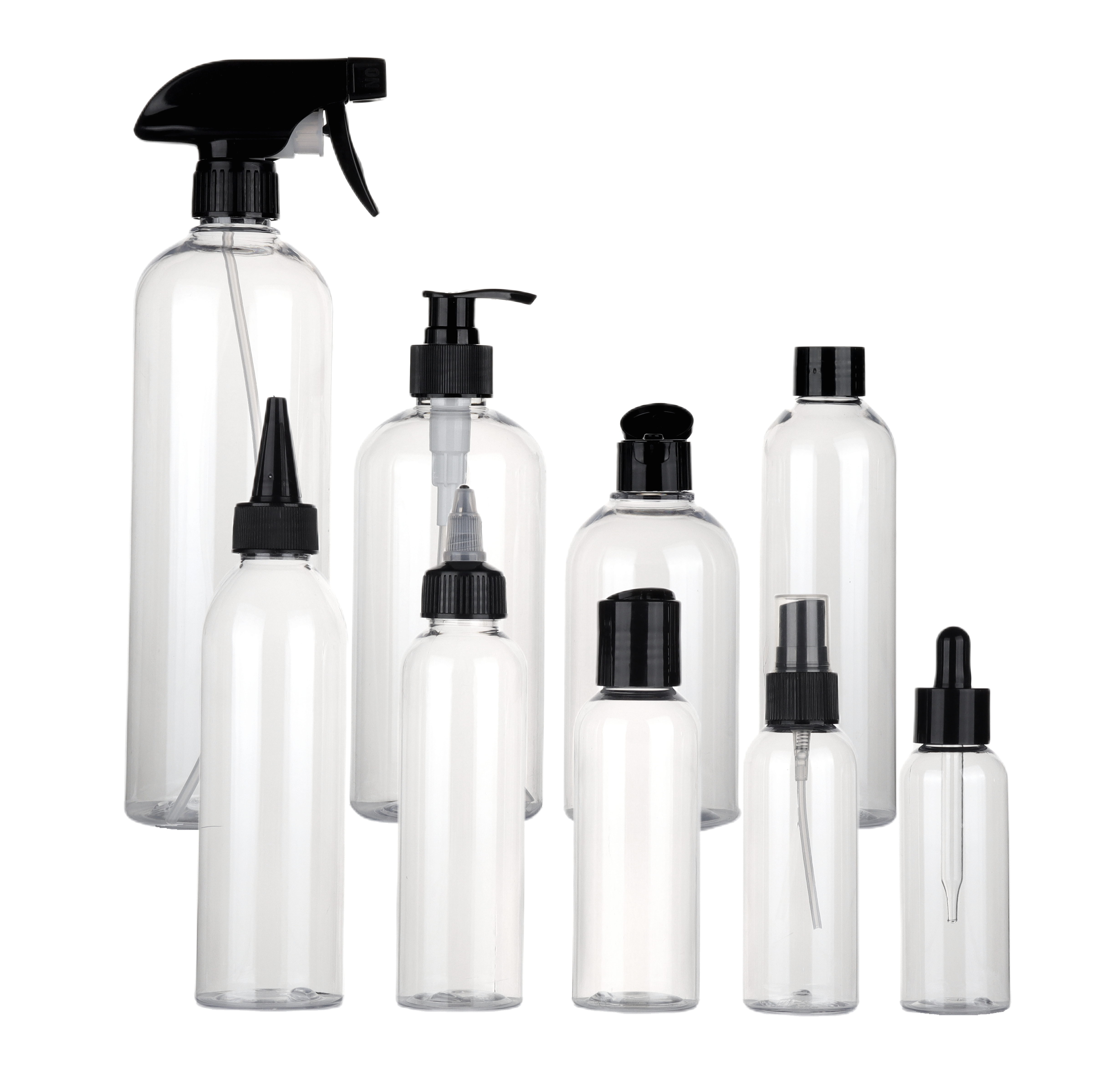 Ready ship PET 30 50 80 100 200 300 500 750 1000 ml clear White Round lotion shampoo Plastic Bottle with Pump Cap Spray Dropper