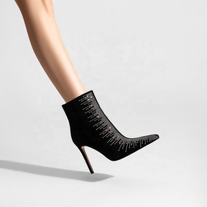 Bottines à talons aiguilles à bout pointu en strass <span class=keywords><strong>noir</strong></span> pour femmes, bottines en <span class=keywords><strong>daim</strong></span> scintillantes pour l'automne/hiver - Product Image 1
