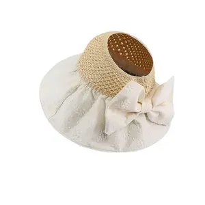 Sparsil Women Summer Hat Wide Brim UV Protetor Solar Beach Outing Hats Knitted Patchwork Bowknot Panama Caps Foldable Sun Visor
