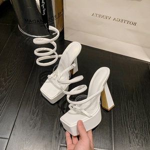 White Leather Wrapped Ankle on Sandals Fashion Platform Thick Heel Summer <b>Shoes</b> Concise Style Solid Colour <b>Shoes</b> for Women - Product Image 3