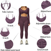 Ensemble de yoga sans couture 5 pièces personnalisé EnovStars pour femme : soutien-gorge de sport, débardeur, haut court à manches longues, short, leggings, et legging froncé pour le fessier, idéal pour la gym et l'entraînement.