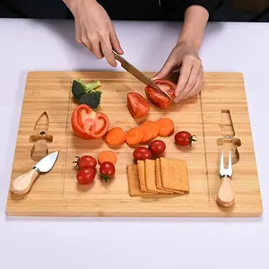 User-Friendly Charcuterie Plate Cheese Board Knife Utensil Set Bamboo Wooden Cheese Board With Knife & Fork With Juice Groove