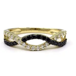 Hong Kong dapat diandalkan pemasok 18k emas kuning Solid berlian hitam alami memutar keabadian Pernikahan setengah jalan cincin Band untuk wanita