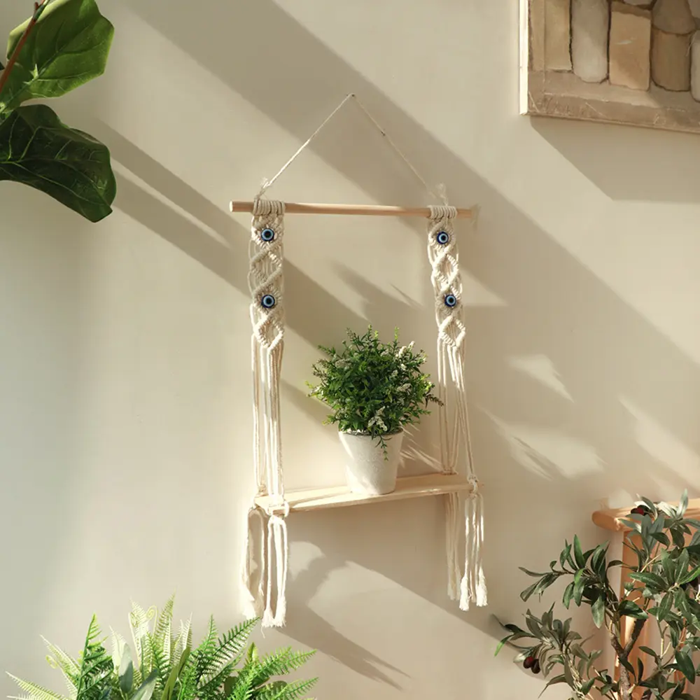 Handgemaakte Macrame Muur Hangende Plank Boho Decor 1 Tier Katoen Touw Drijvende Plank Boho Decor Voor Badkamer Slaapkamerraam