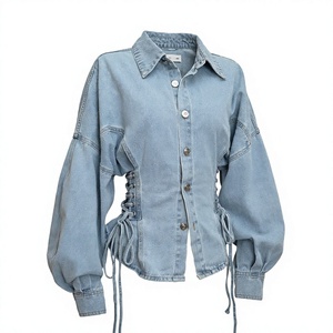 Chemise en jean pour femme à manches bouffantes et laçage latéral, coupe ample, style décontracté printemps, en coton délavé - Product Image 4