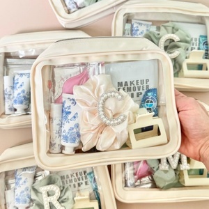 Bolsa de maquillaje de PVC mixta de nailon de 10 pulgadas para mujer, bolsa de viaje portátil impermeable con cremallera y parche de letras, estilo de moda - Product Image 3