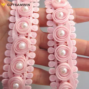 OA 30 Days Pink Pearl Rose Flowers Bead Lace Fabric Wedding Dress Garment Accessories CraftBead Lace Bead Trim