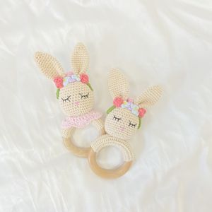 Baby Houten Speelgoed Hout Mordedor Ring Konijn Katoen Neutraal Gehaakt Baby Cadeau Konijntje Rammelaar Bijtring - Product Image 5
