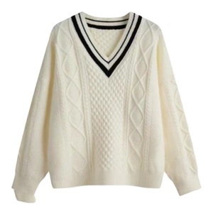 Suéter de punto trenzado con cuello en V para mujer, de algodón blanco, antipilling, corte holgado, estilo retro, para primavera - Product Image 5
