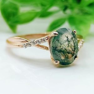 925 Sterling Silver Natural <b>Moss</b> <b>Agate</b> Oval Cut Rose Gold Plated Luxury Prong Setting Delicate Promise <b>Ring</b> for Women - Product Image 1