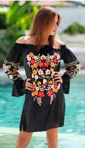 Plus Size Bohemian Black Slash Neck <b>Mini</b> Dress Floral Embroidery Breathable Eco-Friendly Loose Chiffon Casual Summer Dress Women - Product Image 2