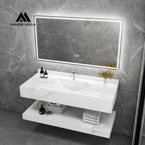 Meuble-lavabo sur pied Mars Villa OEM 120 cm avec pieds dorés, armoire vert émeraude et plateau en pierre blanche pour hôtel - Product Image 3