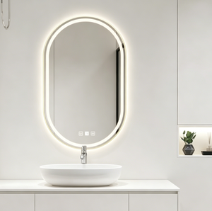 Oval Wall Hanging <b>Bathroom</b> <b>Mirror</b> Gold Aluminum Frame Glass Lenses Dimmable Illuminated <b>LED</b> <b>Light</b> Plug Powered Contemporary - Product Image 4