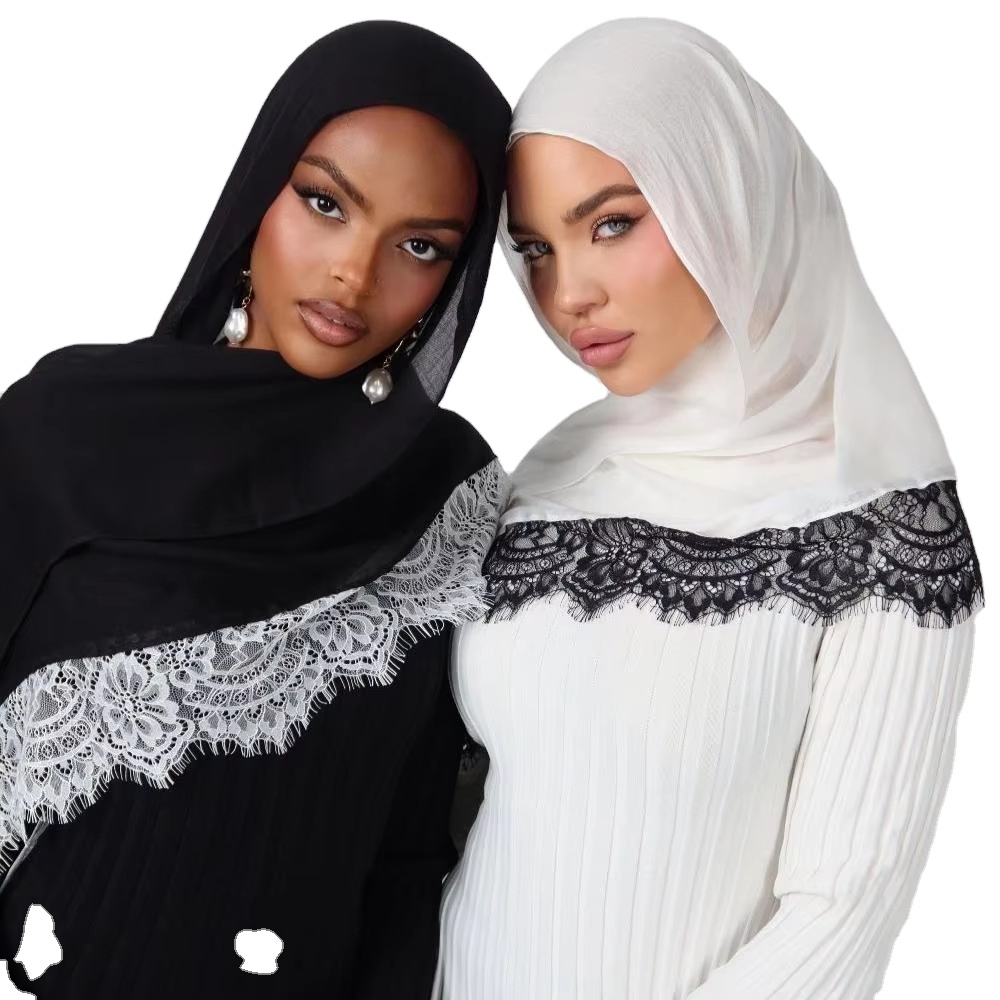Embroidery Lace Splicing Plain Color Long Soft Breathable Light Weight Woven Cotton Muslim Women Headscarf Sun Protection