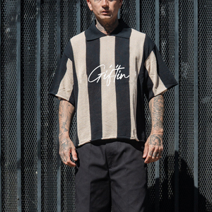 Embroidery Oversize Fit Boxy Style Sweater Mesh Stitch Polo Shirt Vintage Striped Retro Soccer Knitted Football Jerseys Sweater - Product Image 1