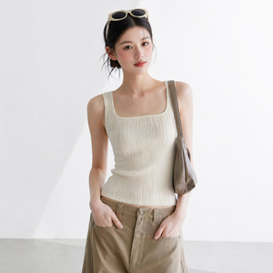 Débardeur tricoté plissé respirant pour femme PY Fashion, col carré, couleur unie, sans manches, style minimaliste, longueur standard - Product Image 1