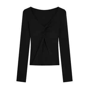 เสื้อครอปแขนยาวคอวีทรงเข้ารูปสำหรับผู้หญิง แฟชั่นเสื้อยืดถัก - Product Image 5