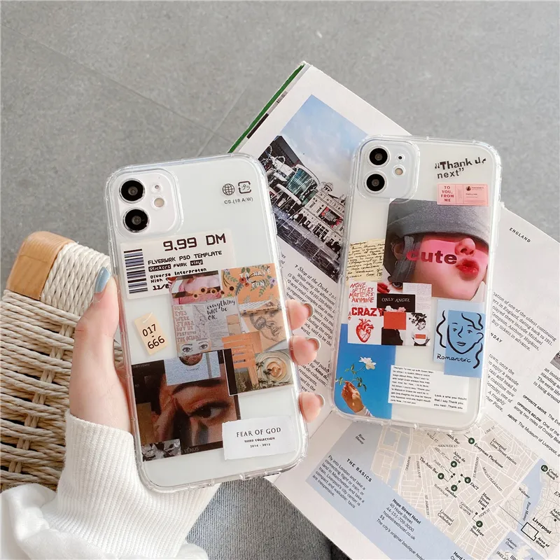 Hot Sale Fashion Illustration Label Phone Case for iPhone 13 Creative Custom Style Clear TPU Cover for iPhone 12/11/7/8/X/XR/XS