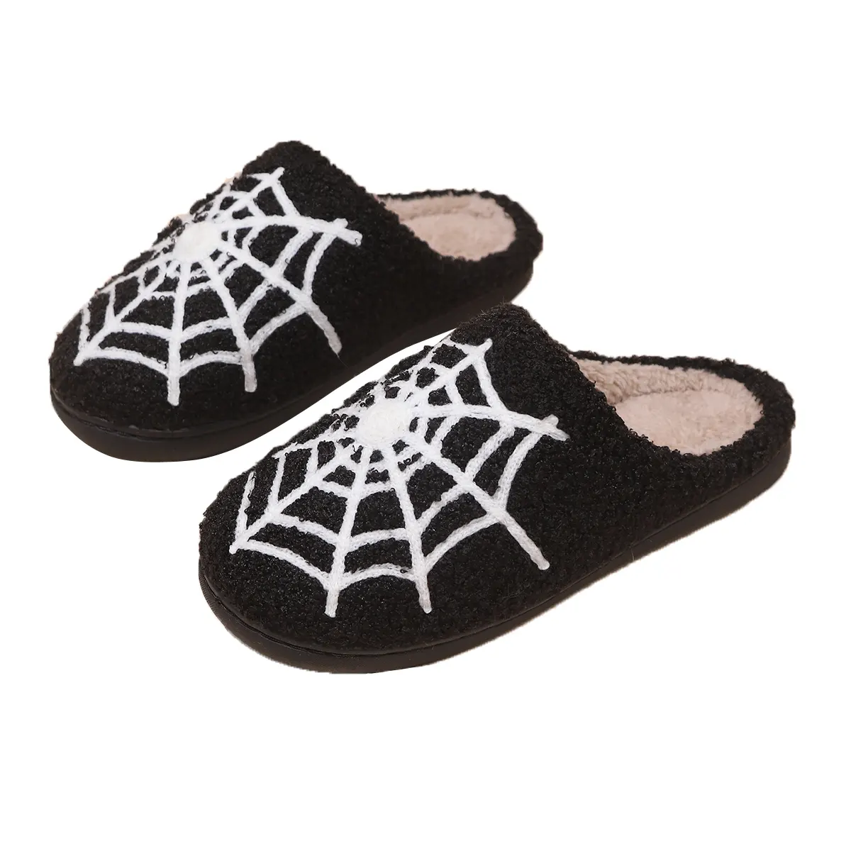 Felpa Halloween patrón de tela de araña zapatillas de felpa hogar casual cálido antideslizante divertido patrón de zapatillas de felpa