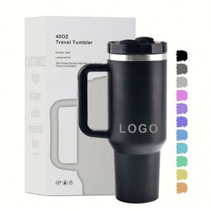 Gobelet isotherme personnalisé avec logo, 40 oz, double paroi en acier inoxydable, tasse à café isolée sous vide, 30 oz, gobelets de voyage pour voiture avec poignée et couvercle - Product Image 2
