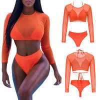 Dames Mesh Bikini 3-delige Set Met Lange Mouwen Sexy Doorzichtige Crop Top Halter Push-Up Bh Badpak Zomer Strandbadkleding