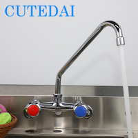 Robinet de lavabo industriel en laiton de 12 pouces avec poignée rouge et bleue, finition chromée, montage mural, deux trous, rotation à 360 degrés, facile à installer